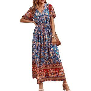 Pretty Garden Bohemian Floral Maxi Dress Womens Large Multi Color Short Sleeve